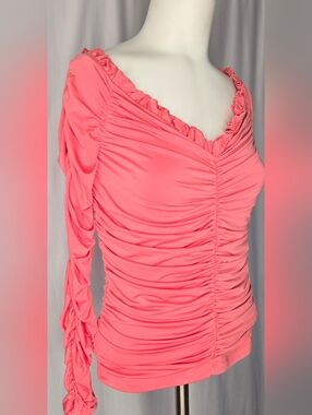 Express‎ Body Contour Vibrant Coral Pink Ruched Long Sleeve Blouse Size S NWT